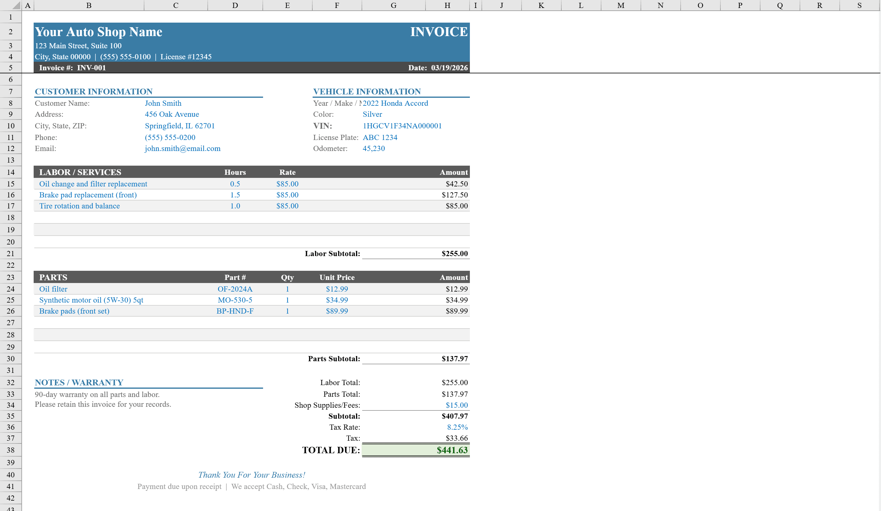 Preview of Auto Repair Invoice